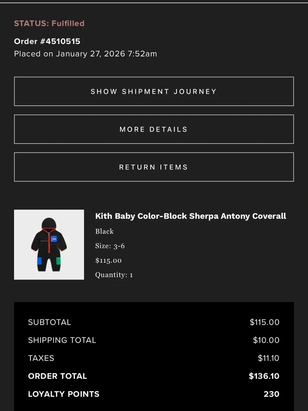 Kith Infant Black Sherpa One-Piece Size 3-6 Months Only TRIED ON ! No Damages .